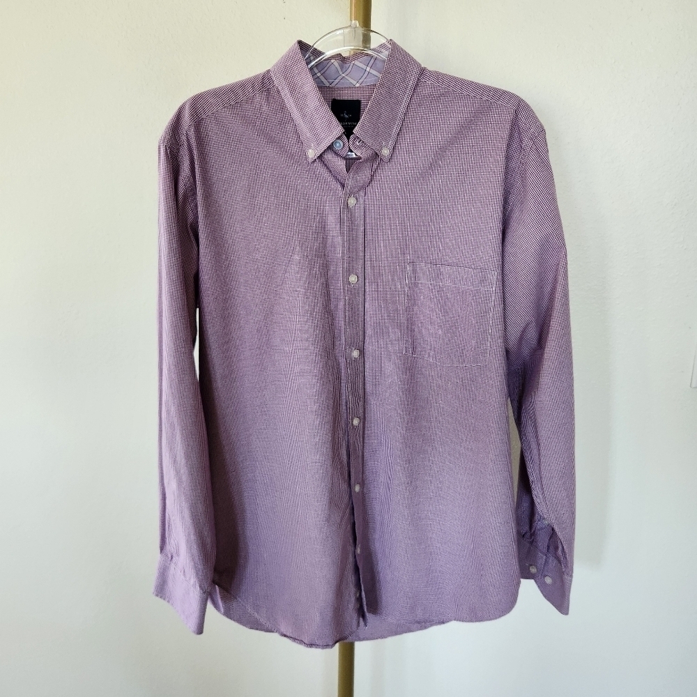 Tailor Byrd Long Sleeve Button Front Shirt Mens Size Large Purple Gingham Plaid